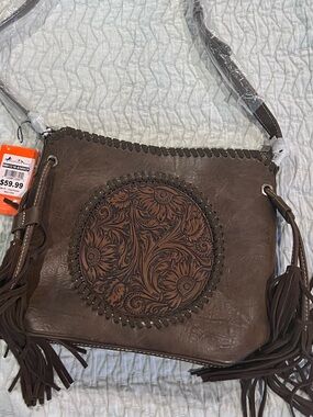 Montana West Brown Leather Tassel Crossbody with Orange Brand Tag